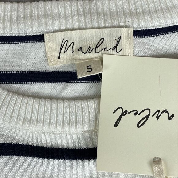 Marled Short Sleeve Sweater Women's Small Ivory Navy Stripped Preppy Basic - Picture 5 of 14